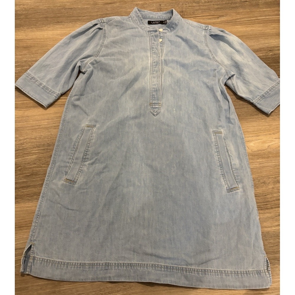 Lauren Ralph Lauren Denim V-Neck Tunic Dress Short Sleeve Blue Cotton XL - Picture 1 of 6